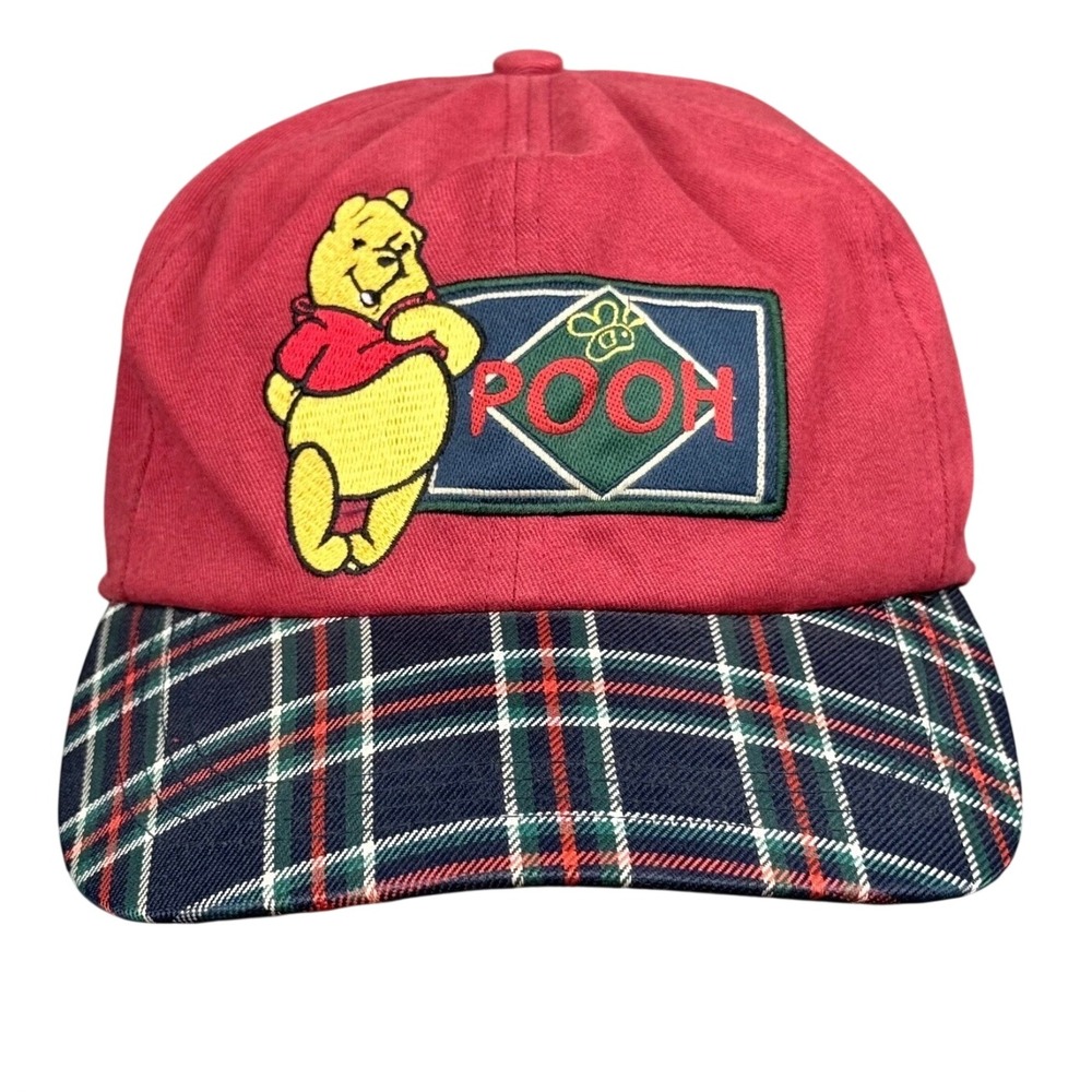Vintage Disney Winnie the Pooh Red Plaid Brim‎ Baseball Cap Hat Elastic Back